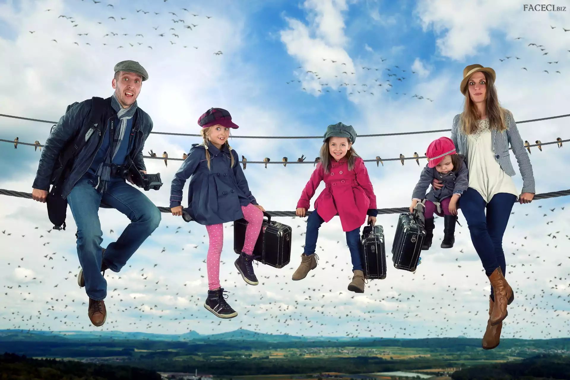 Chmury, Niebo, Dzieci, Rodzina, Ptaki