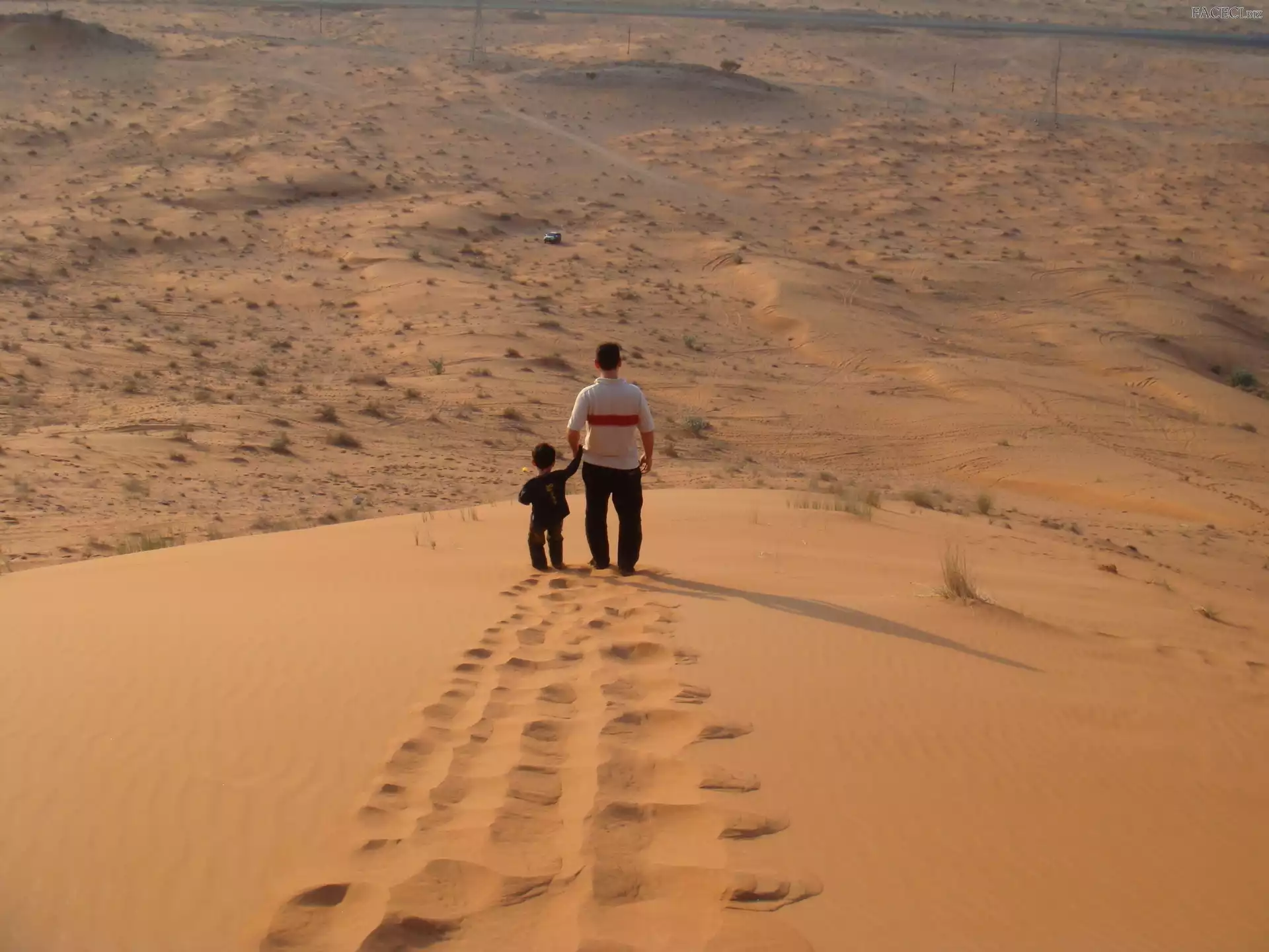 Dziecko, Spacer, Mężczyzna, Pustynia