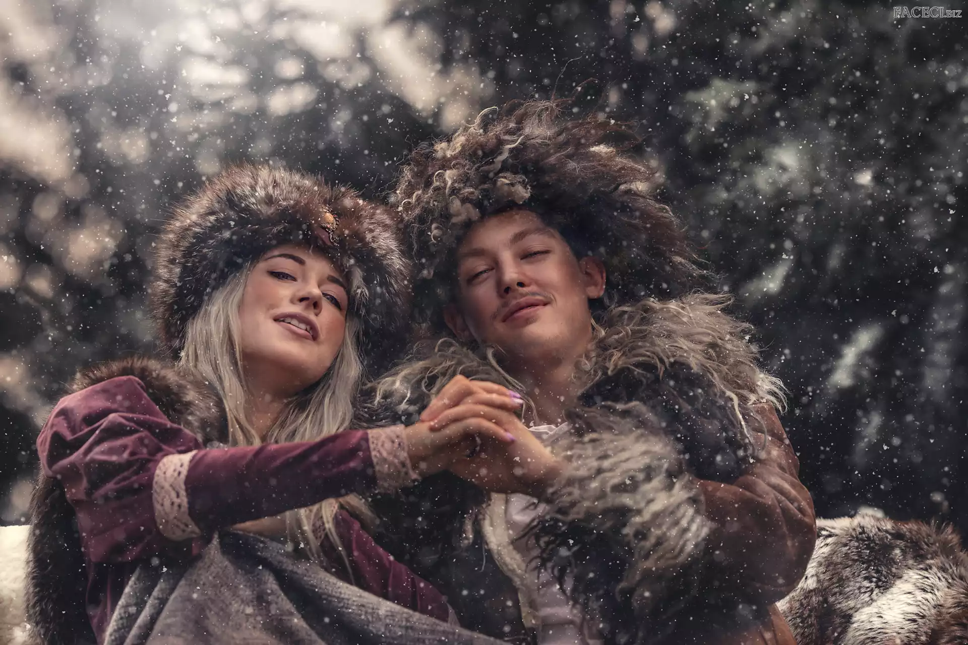 Mężczyzna, Śnieg, Kobieta, Czapki