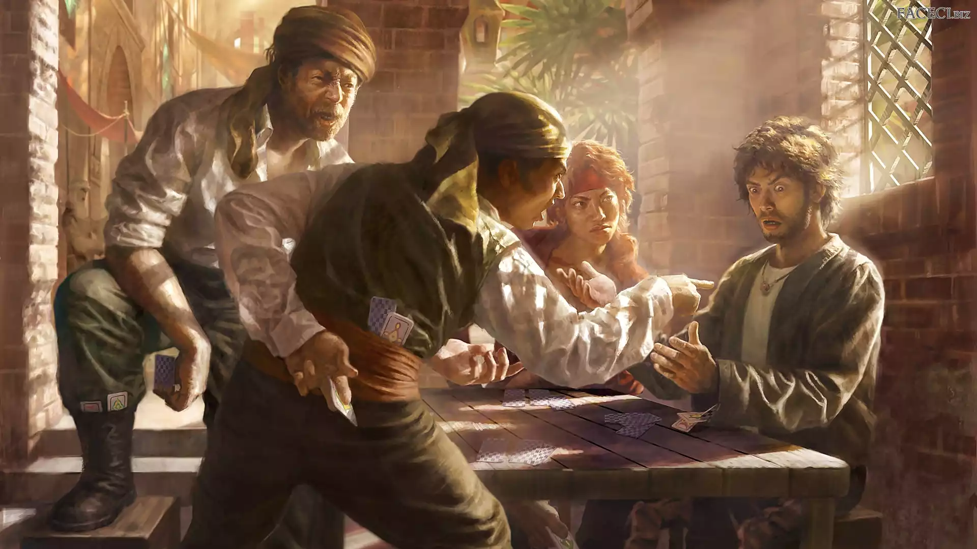 Karty, Mężczyźni, Digital painting, Ilustracja, Gracze, Oszust