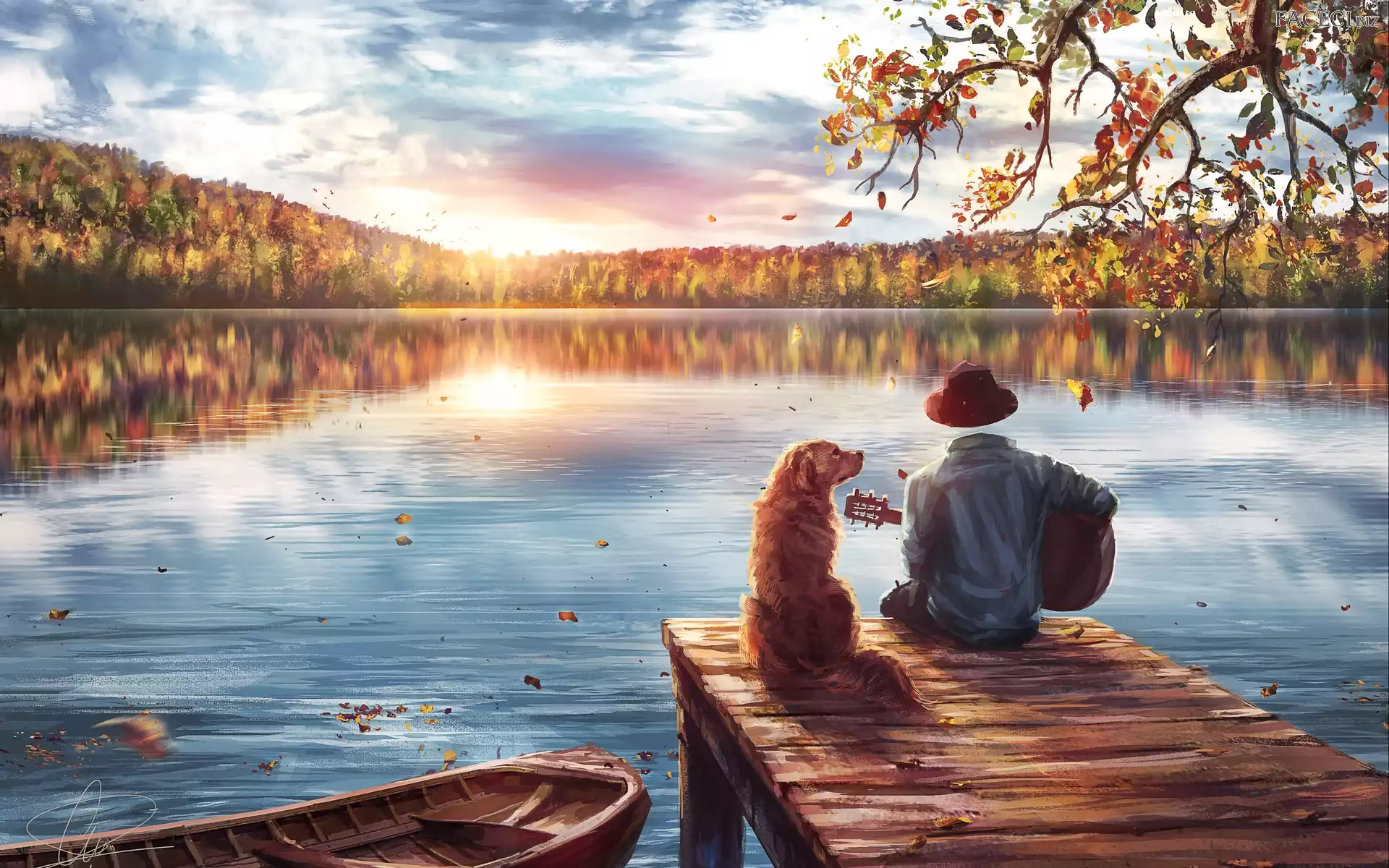 Grafika, Pies, Jesień, Łódź, Gitara, Pomost, Jezioro, Postać
