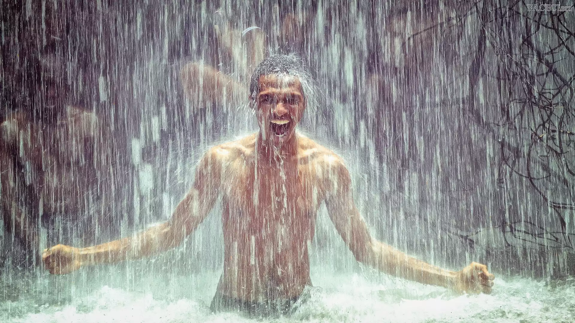 Wodospad, Śmiech, Chłopak, Woda